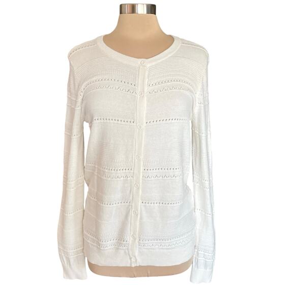 Laura Scott Cream Cotton Cardigan Sweater Round Neck Classic Fit MEDIUM Fall - Picture 1 of 8